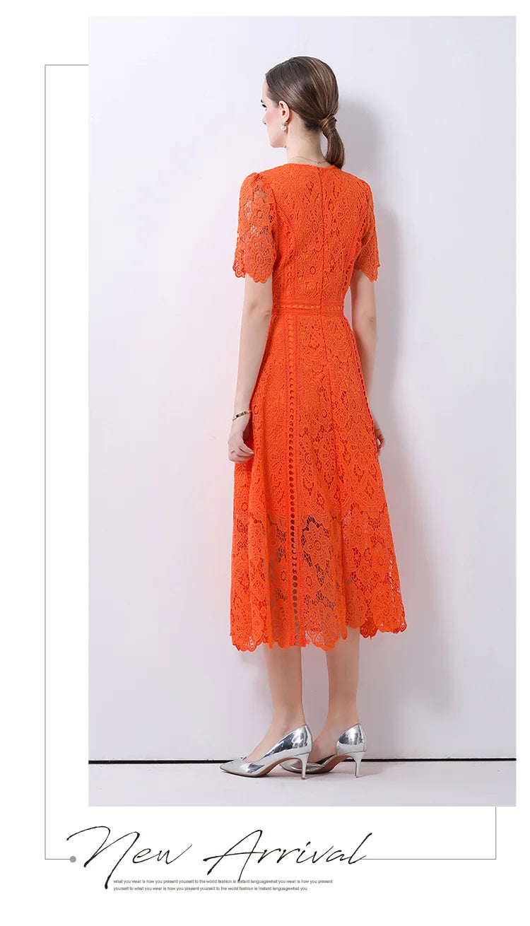 SMTHMA Vintage High-End O-Neck Short Sleeve Lace Hollow Out Dress For Women's Summer Slim Elegant Long Dress Female Clothing