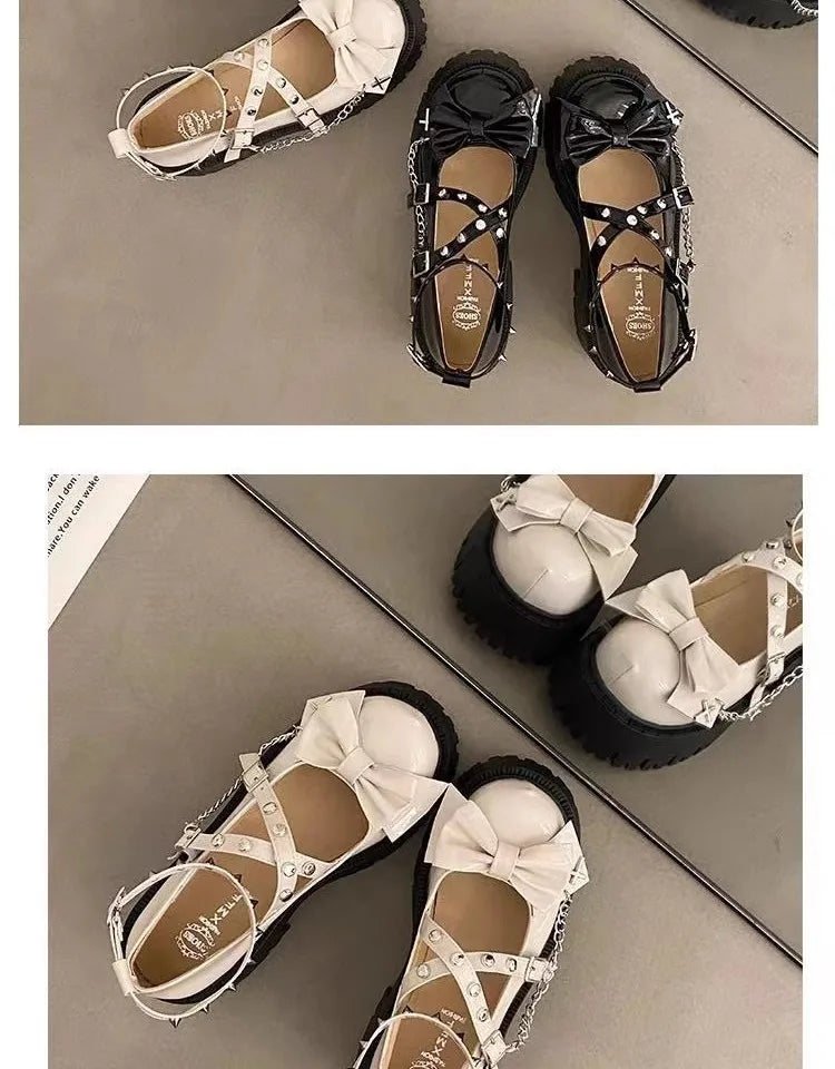 2025 New Women's Shoes Ankle Straps Womens Pumps Platform Women Leather Bows Mary Jane Punk Gothic Chunky Heel Chaussures Femme