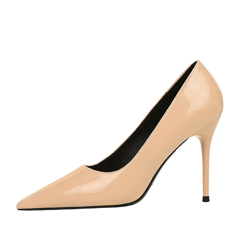 2023 Women Sexy 10cm High Heels Burgundy Nude Pumps Lady Stripper Stiletto Heels Glossy Leather Wedding Bridal Quality Red Shoes