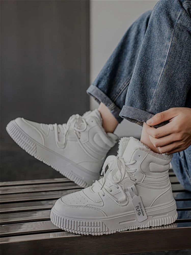 Plush Men's Shoes High Top Couple Sneakers Leather Womens Platform Shoes Comfortable Outdoor Men Running Shoes Breathable New