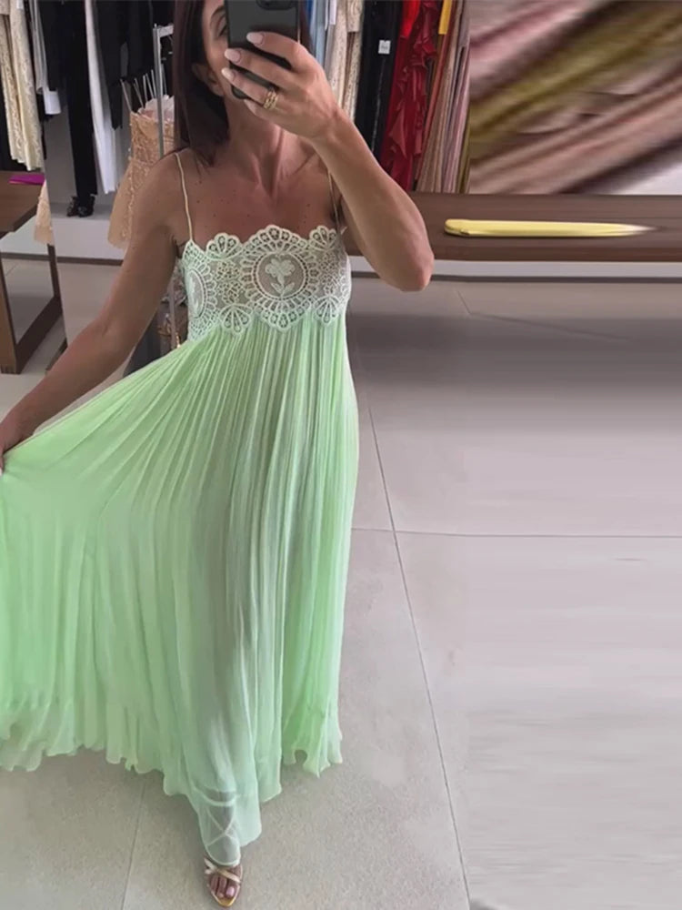 Sheer Layers Lace Stitching Solid Women's Suit Sling Mini Top High Waist Loose Long Skirt Fashion 2026 Summer New Beach Lady Set
