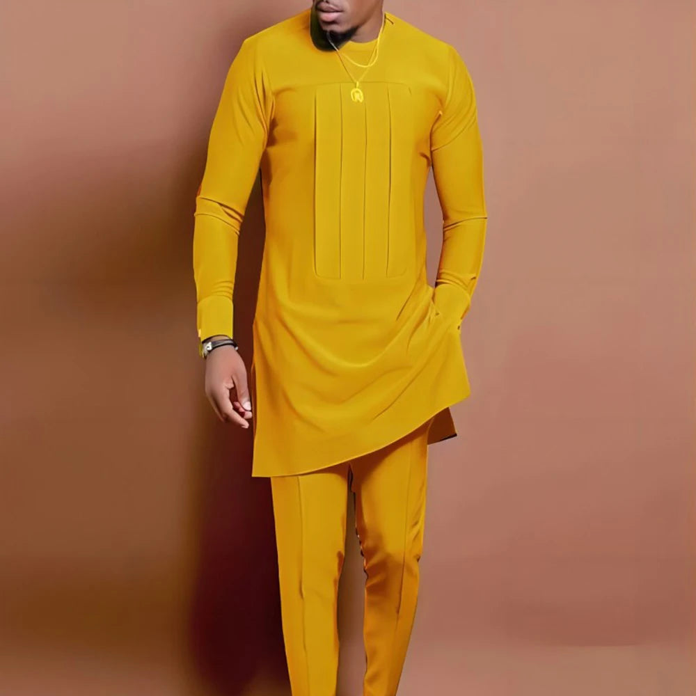 African Traditional Man Outfit Men 2PCS Suits Long-sleeved Round Neck Male Sets Shirt Top Pant Ethnic Style Casual Wear clothing