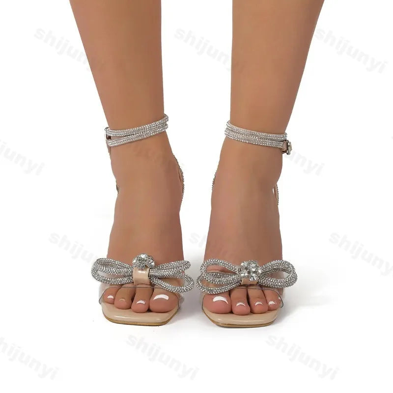 2024 New Summer Comfortable Versatile Sandals Casual Back Strap Bow Rhinestone Stiletto Women's Shoes Zapatillas Mujer