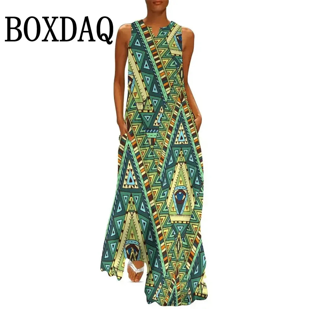 African Ethnic 3D Print Dress Summer Women Street Style Casual Sleeveless Long Dresses Women Loose Sundress Vintage Maxi Dresses