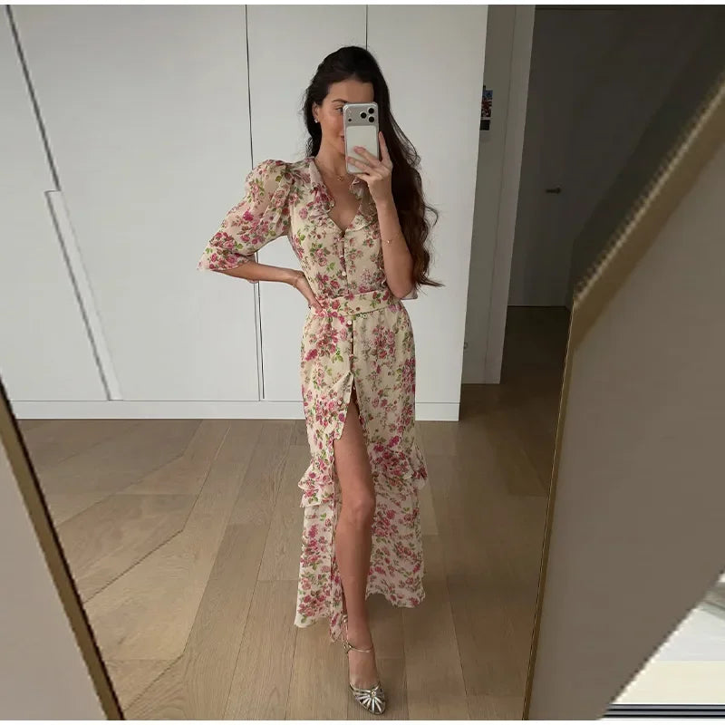 V Neck High Split Half Sleeve Slim Long Dress Print Waist Cinching Ruffle Hem Maxi Robes 2026 Women Party Vacation Vestidos