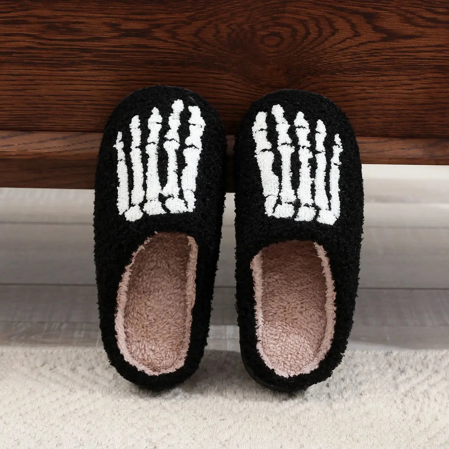 Skull Toe Pattern Personality Dark Style Embroidery stuffed Home Platform Cozy Fur Cotton Slippers Warm Non-slip Indoor Slippers Men Women Halloween Gift