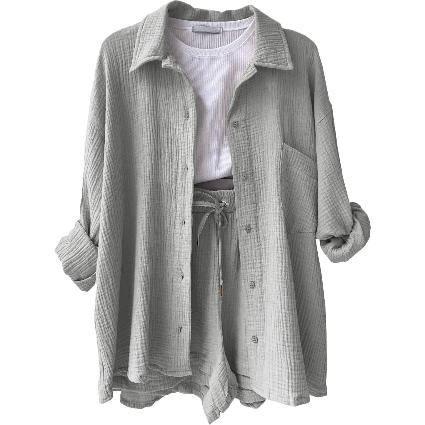 Casual Sleepwear 100% Cotton Pajamas For Women Sets Suit Turn-Down Collar Nine Quarter Sleeve Sleep Tops Shorts Female Homewear