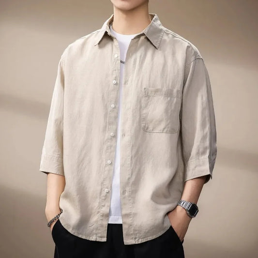 Men's Linen 3/4 Sleeve Shirt Cool Breathable Loose Casual Summer Blouse
