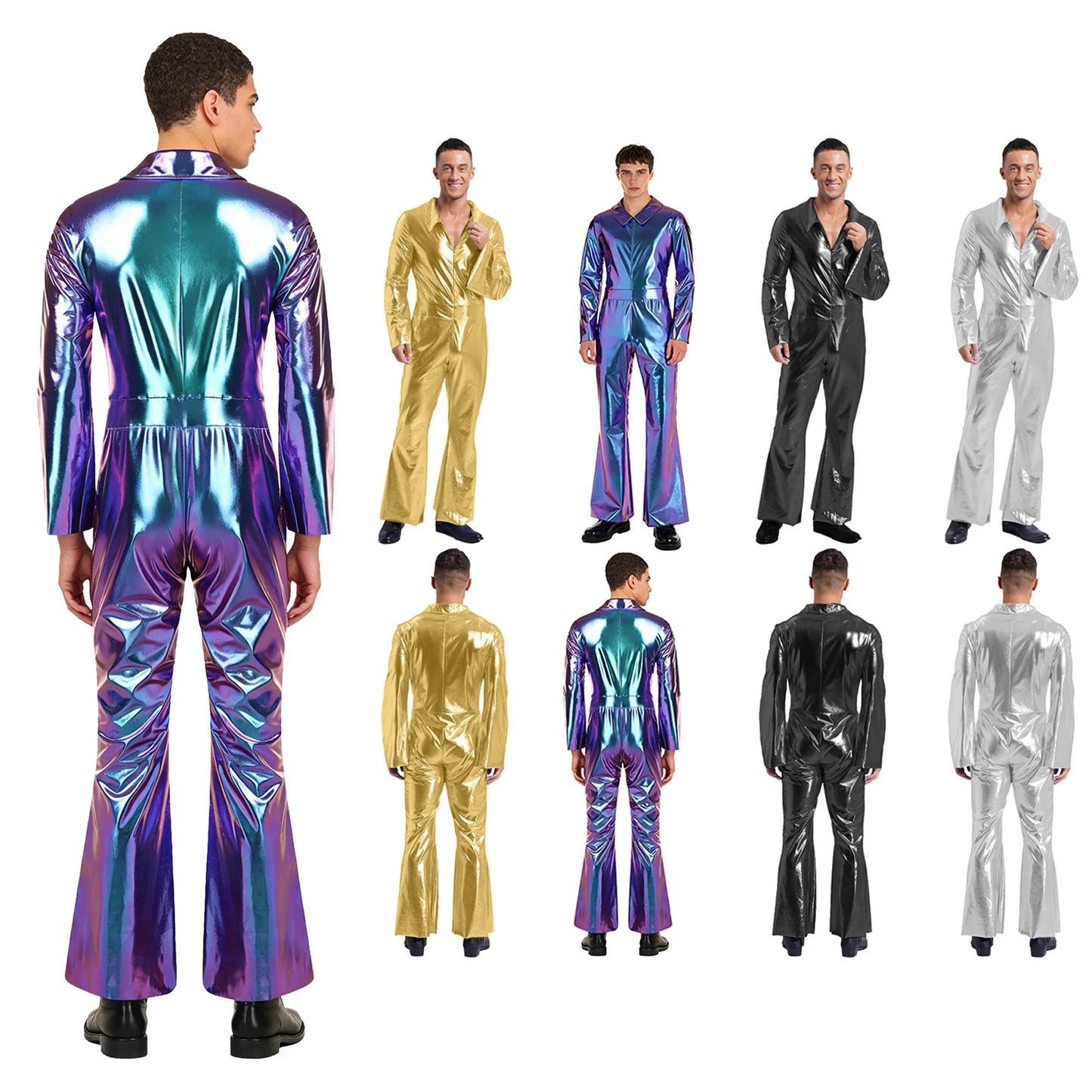 Mens 70s Disco Hippies Jazz Dance Performance Costume Metallic Shiny Unitards Jumpsuit Wide Leg Pants Rompers Vintage Clubwear