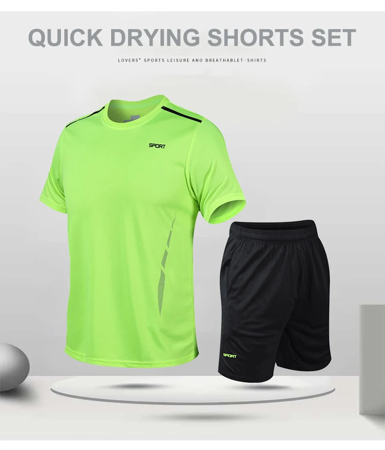 CHRLCK Men's Quick Drying Running Sets Breathable Hiking Fishing T-Shirt Short Soft Elasticity Gym Fitness Suits Outdoor Sports