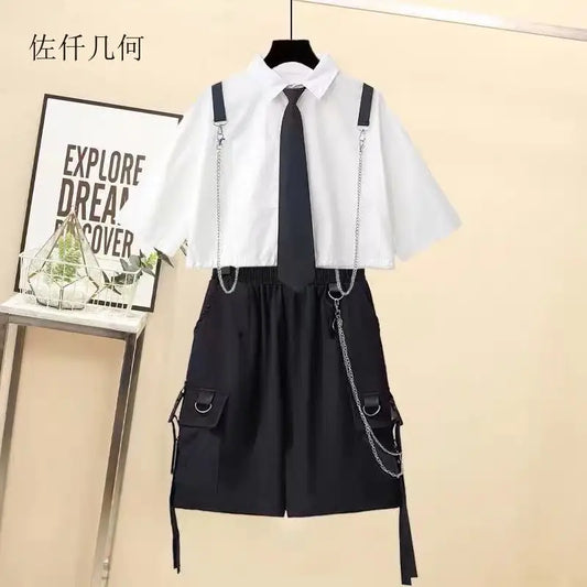 2026 Spring Streetwear Cargo Shorts Sets High Waist Joggers Women 2 Piece Short Sleeve Top with Casual Trousers