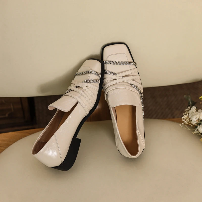 Dilalula 2025 Luxury Genuine Leather Loafers Womens Autum Spring Low Thick Heels Chain Pumps Female Leisure Natural Leather