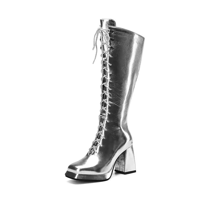 Big Size 45 46 Women Shoes Winter Fall Warm Lace-up Chunky High Heels Metallic Gold Silver Knee-high Riding Platform Goth Boots