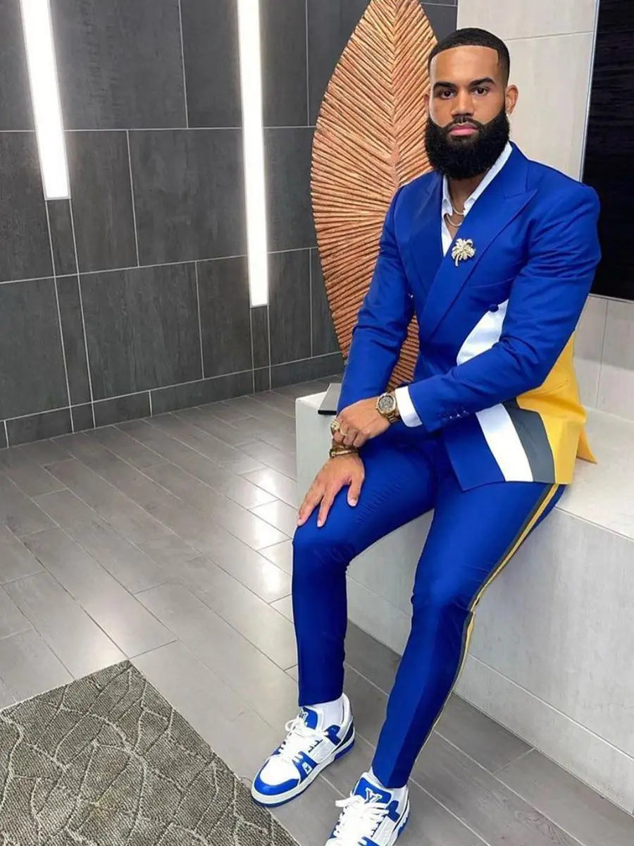 Men Wedding Trouser Sets Royal Blue Double Breasted Tuxedos Outfits Business Formal Wear Jacket Matching Sets 2 Pieces