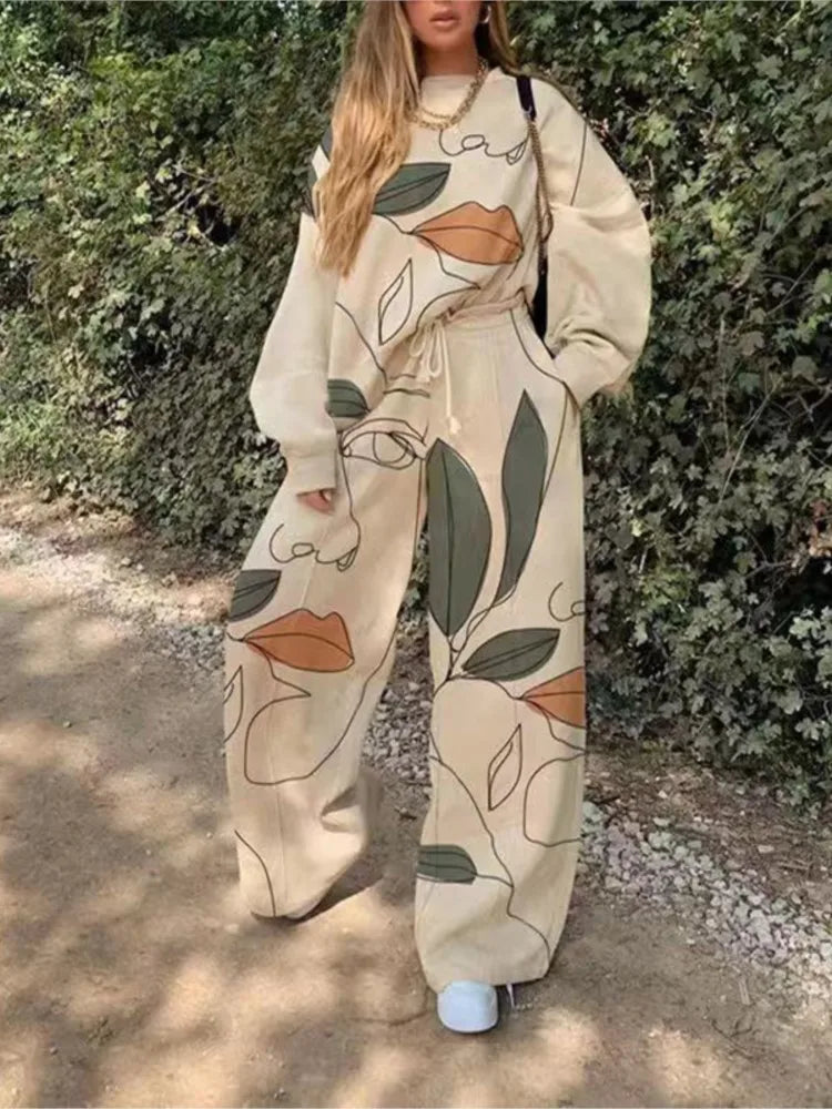 Fashion Print Oversized Tracksuit Suit Women Two Piece Pants Sets Casual Sweatshirt Trousers Streetwear 2 Piece Set Lady Outfit