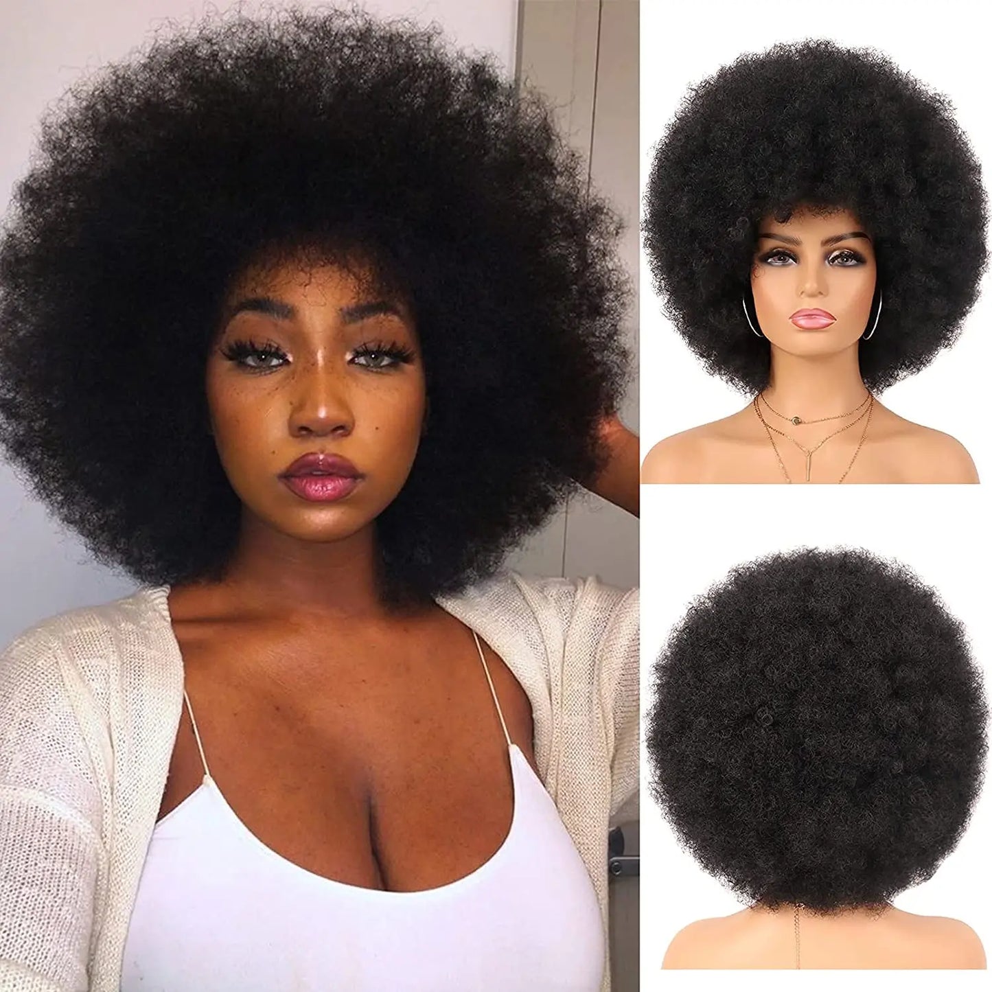Synthetic 70s Afro Curly Wigs for Black Women Glueless Wear Soft Black Large Bouncy Natural Looking Full for Daily Party Use