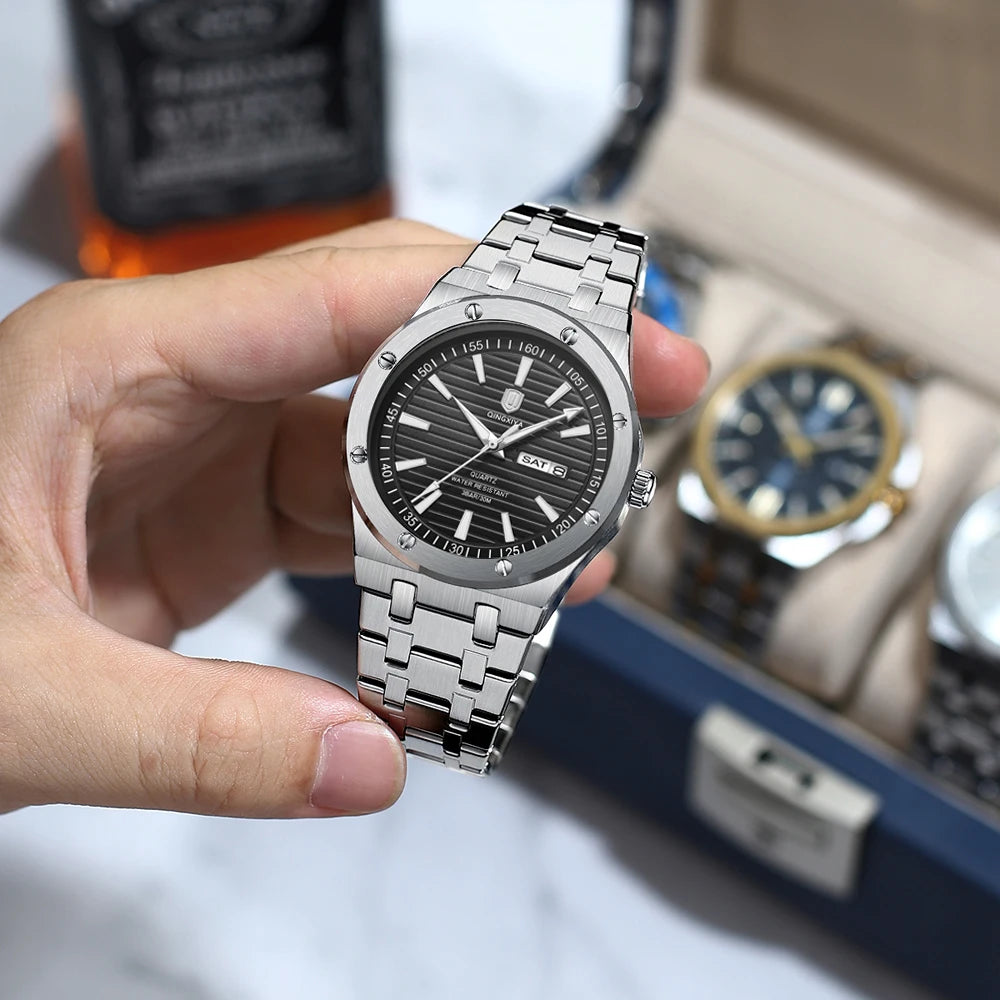QINGXIYA New Mens Quartz Watches Top Brand Luxury Week Date Man Wristwatch Stainless Steel Waterproof Luminous Sports Men Watch