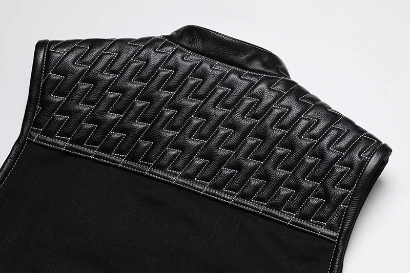 SOA Club Style Motorcycle Leather Vest Men Cowhide Denim Patchwork Waistcoat Sons of Anarchy Biker Vests Man Sleeveless Jacket