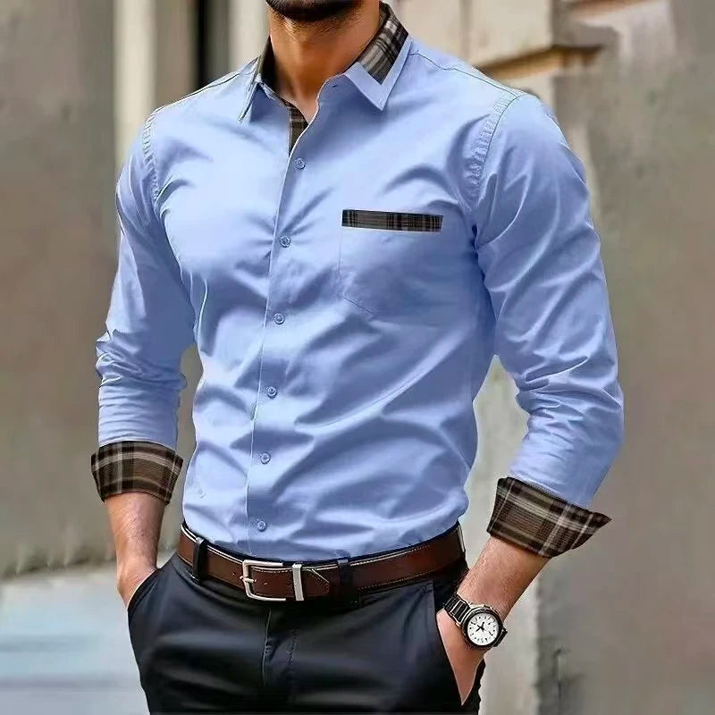 Men's pocket casual formal shirt, available in 12 colors, stylish and comfortable long sleeved shirt, suitable for weddings and