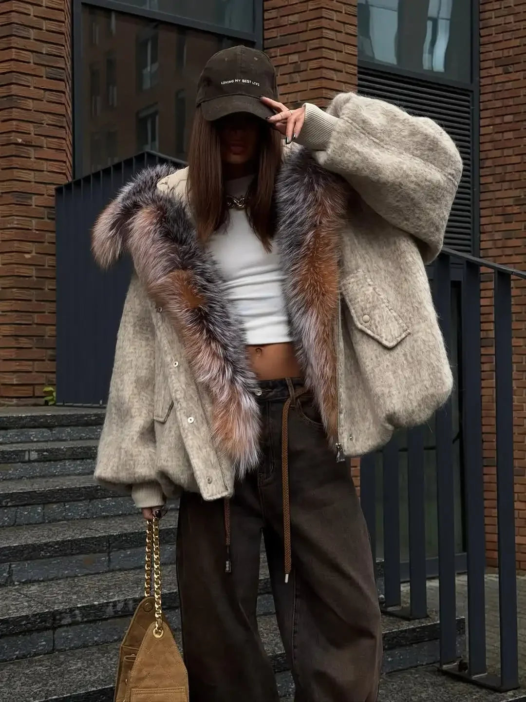 Chic Faux Fur Collar Patchwork Woolen Coat Women Casual Lapel Full Sleeve Zipper Loose Warm Coats Lady Commute Office Outerwears