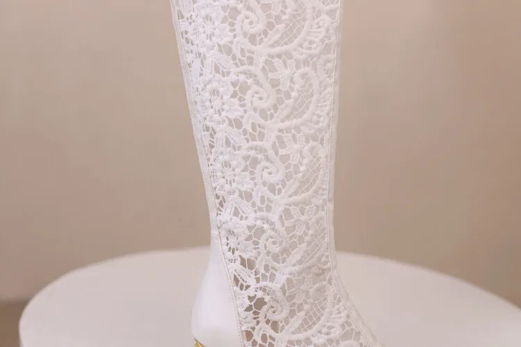 Vintage Hollow Embroider Mesh Surface Knee Length Women's Boot  5.5cm Thick Heel Fashion Women's Boot 34-47 Summer Cool Boots