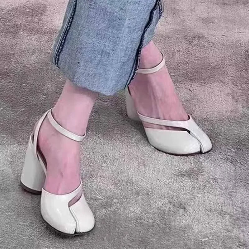 New Fashion Patent Leather Cross Belt Tabi Women's Pumps Spring and Summer Slingbags Split Toe Thick High Heels Chunky Shoes