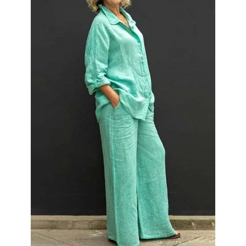 Spring Summer Women Lapel Long Sleeve Shirt High Waist Wide Leg Pants Set