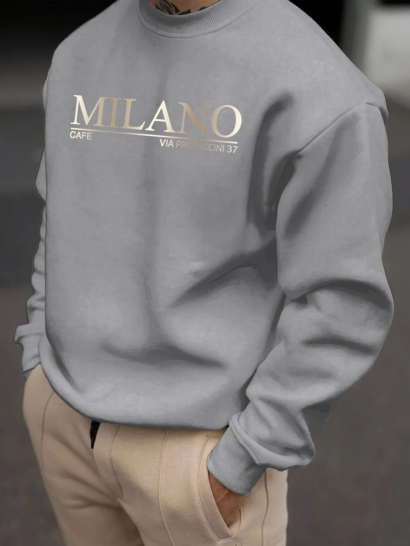 Men's autumn and winter casual loose and fashionable MILANO pattern printed long sleeved round neck sweatshirt versatile BAZAARHUBO