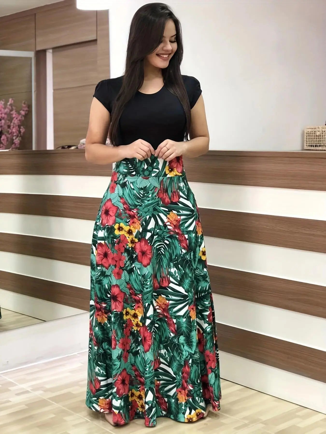 2024 European and American style flower print color matching short sleeved dress for women's large swing skirt BAZAARHUBO