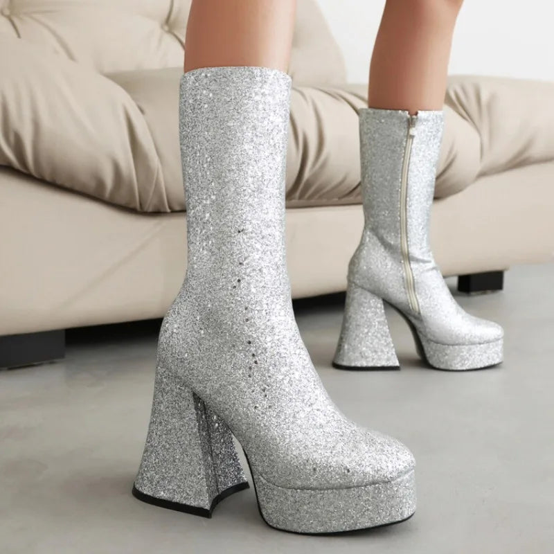 Ochanmeb Women Gold Sequins Boots Platforms Super High Chunky Heels Pink Mid-Calf Boots Gothic Zipper Woman Silver Glitter Shoes