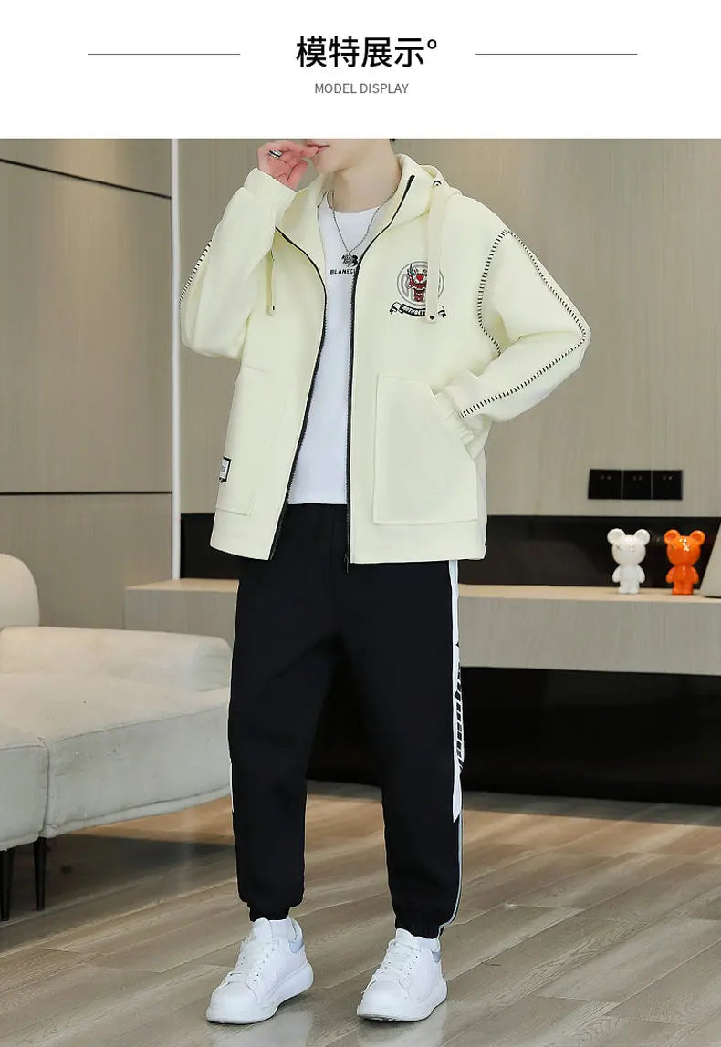 Hooded Jackets And Pants Two Piece Men's Sets 2026 Spring Autumn Youth Streetwear Tracksuits Outdoor Top Coats & Jogger Clothing
