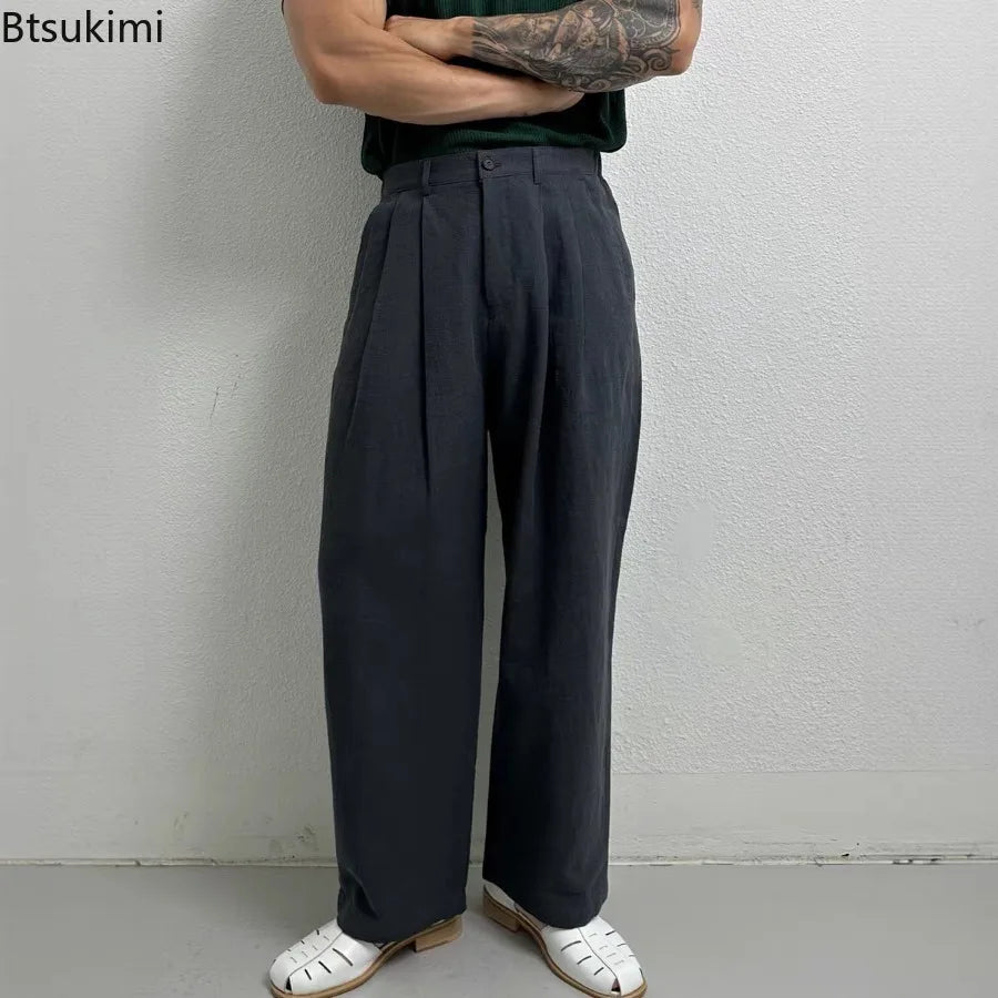 New Men's Cotton Linen Workwear Trousers Draped Wide Leg Pants Light Luxury Leisure Solid Straight Trousers Premium Sweatpants