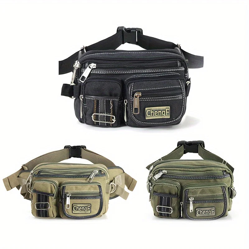 Fashionable Multi Layer Zipper Waist Bag Fanny Pack, Canvas Retro Basic Chest Crossbody Bag Men's Sports Running Phone Pocket