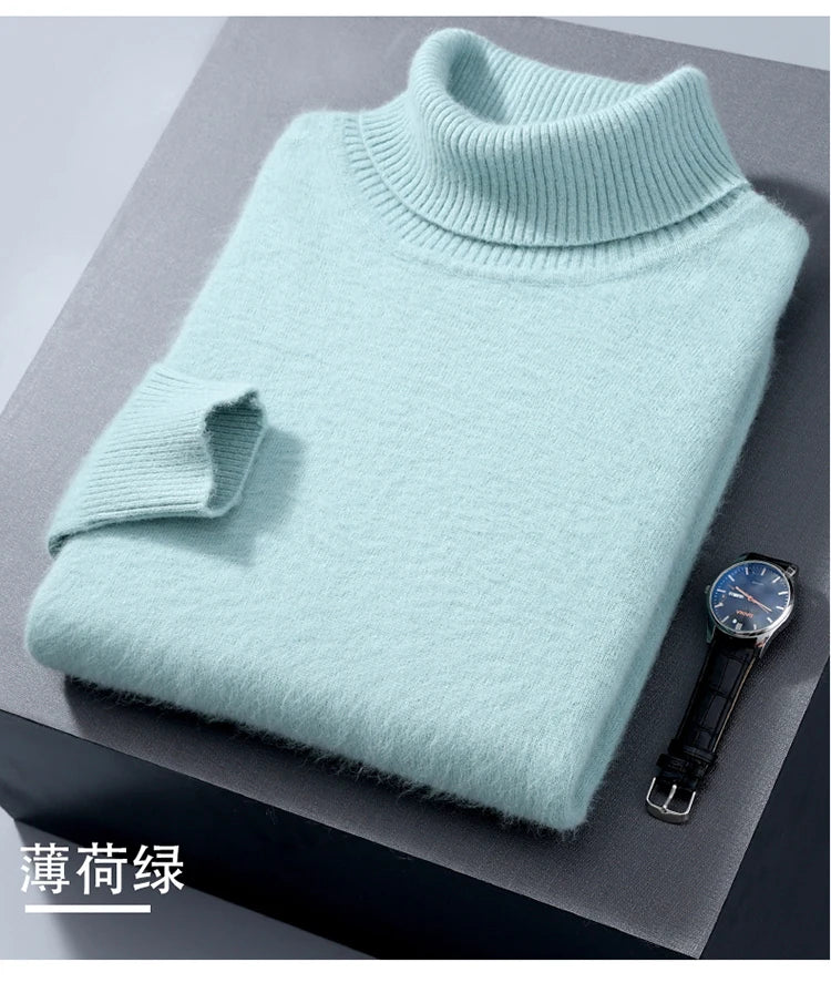 Men's 100% Mink Cashmere Sweater High Lapel Thick Knitted Pullover Casual Large Size Middle-Aged Sweater Autumn Winter New Tops