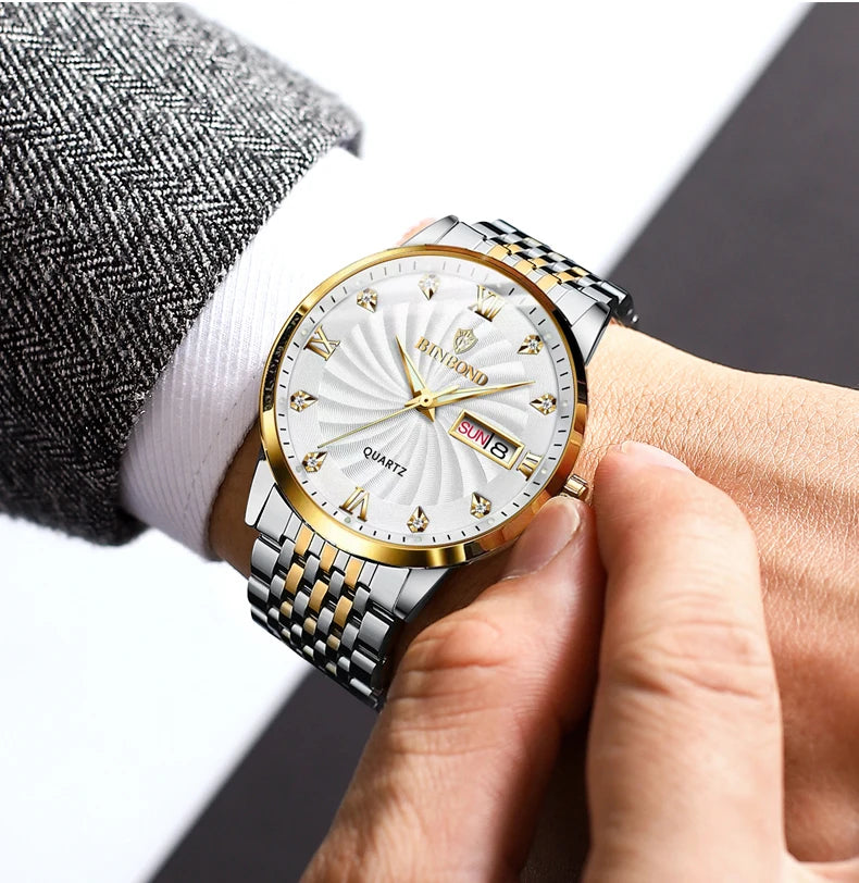BINBOND Quartz Watches for Men Luxury Luminous Waterproof Precise Auto Date Week Display Men's Watch Casual Sturdy Reloj