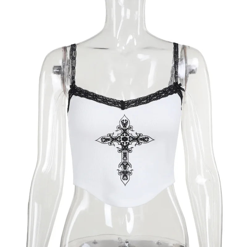 Women Summer Tank Top Y2K Lace Print Slim Fit European American Street Style