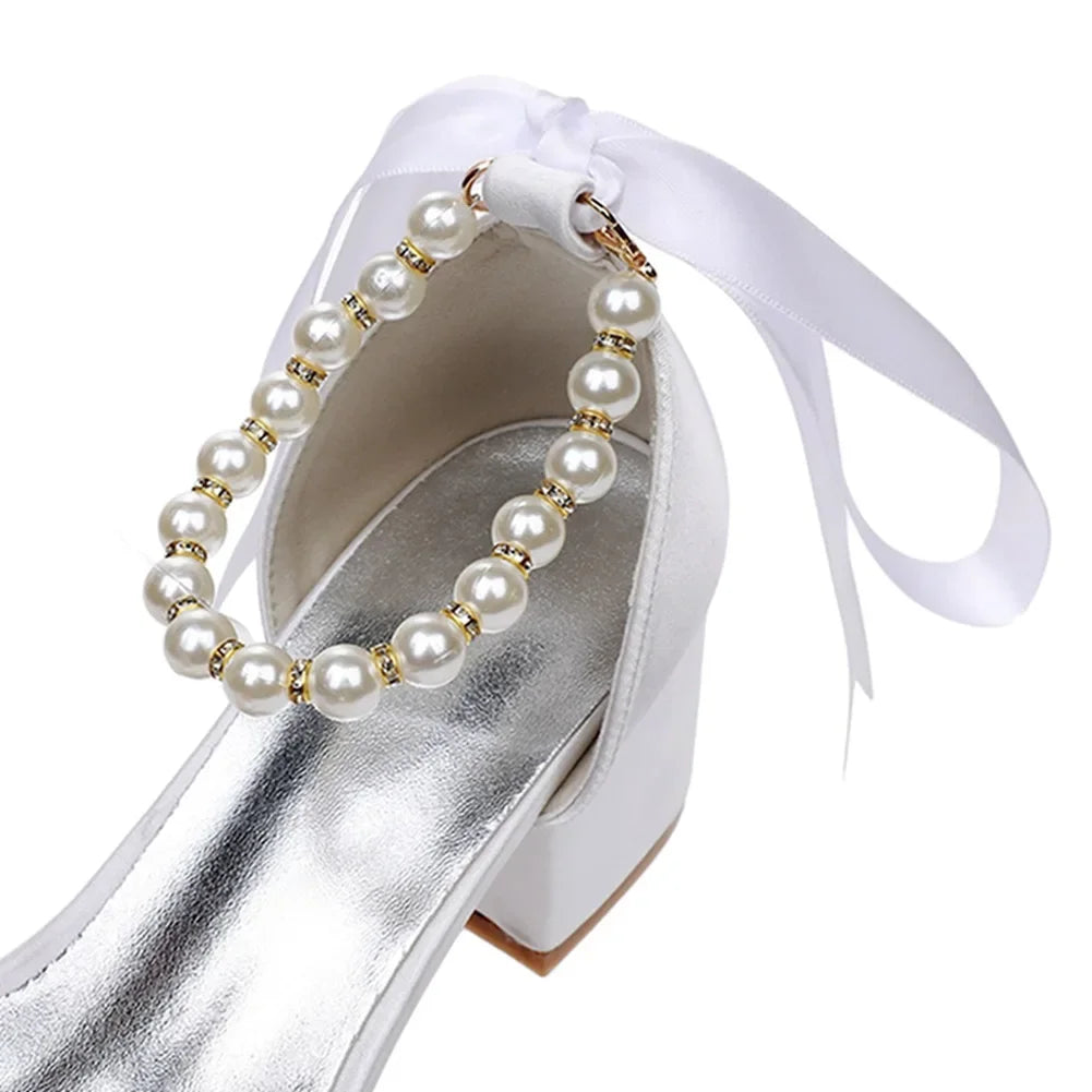String Bead Sandals for Women Summer Peep Toe Sandals Ladies Fashion Ribbon Bow Thick High Heels Sexy Wedges Wedding Shoes 35-43