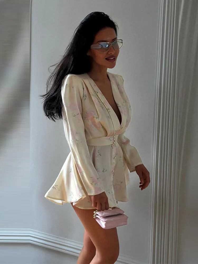 Casual Printed Mini Dress Women Full Sleeve Button V-neck Lady Short Dresses Waist Tape 2026 Spring Summer Female Robe Beach