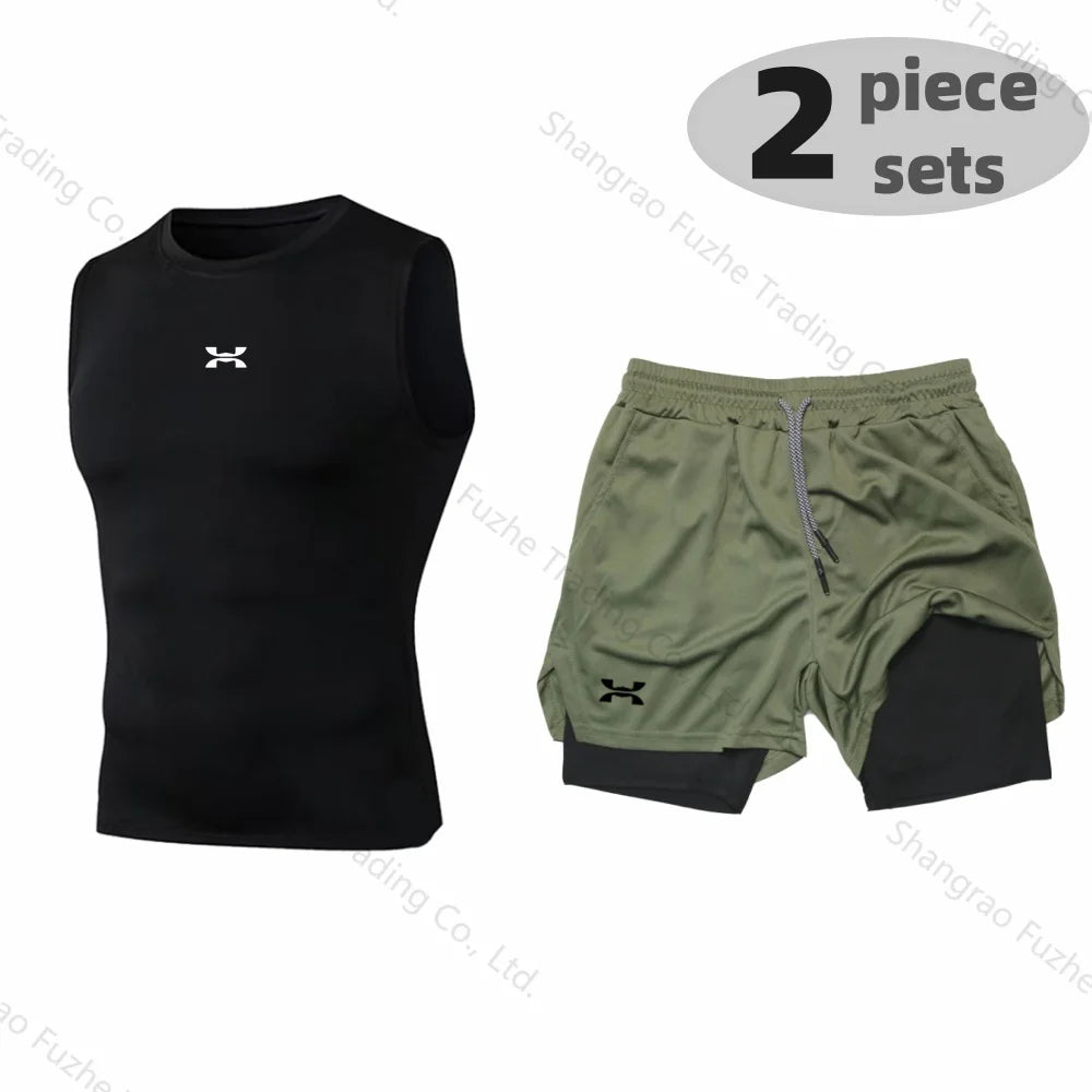 Sports Boxing Sets Basic Sleeveless Shirt+2-in-1 Shorts Sets Gym Compression Quick Drying Training Workout Stretch Skinny Sets