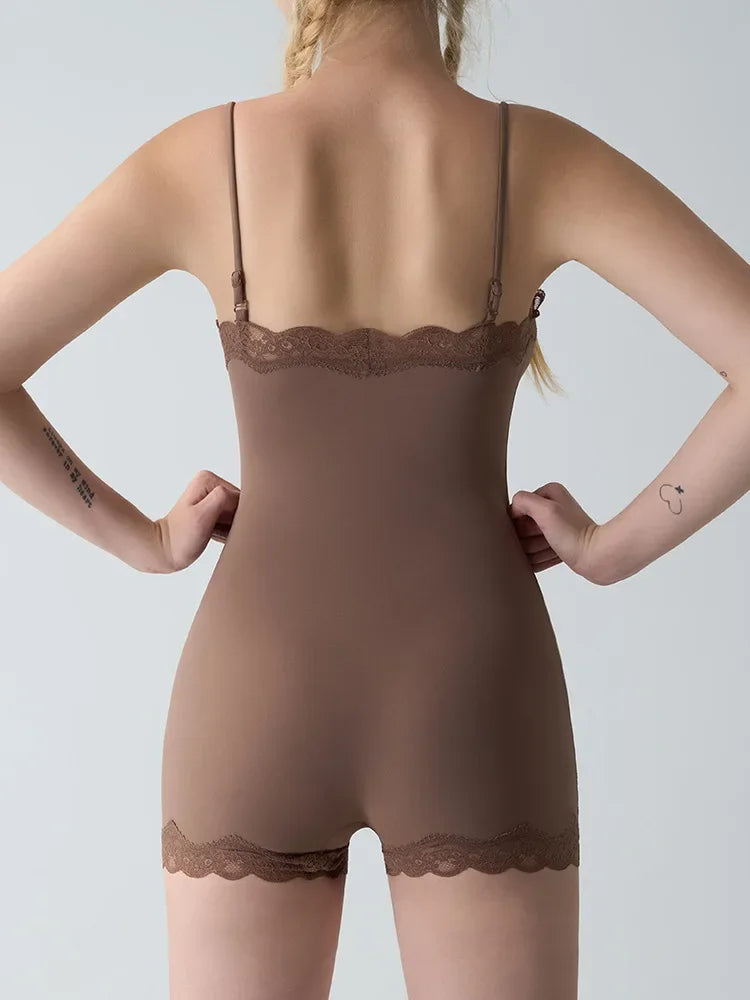 Square Neck Spaghetti Strap Bodysuits Lace Trim Women Sleeveless Slimming Bodycon Jumpsuit Romper