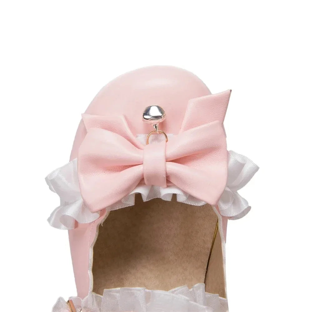 2025 Women High Heels Cross Strap Mary Jane Pumps Party Wedding White Pink Black Ruffles Bow Princess Cosplay Lolita Shoes 41