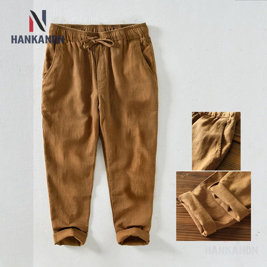 70% Linen,30% Cotton Men's Drawstring Elastic Waist Casual Pants, Straight Loose Ramie Trousers, Camping Fishing Comfortable