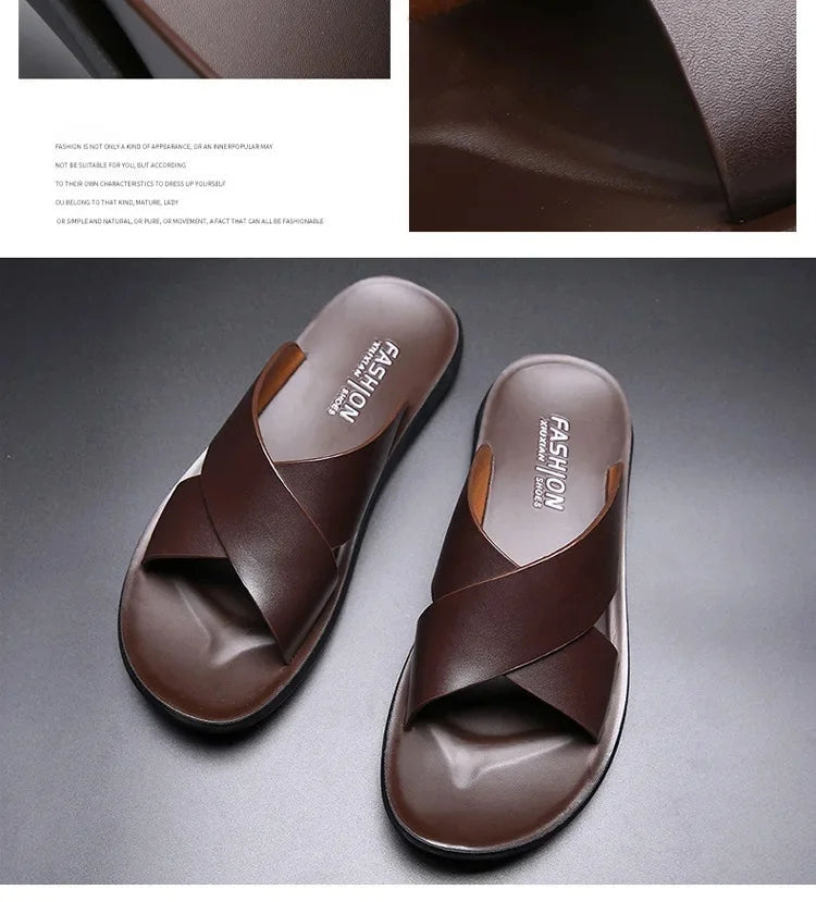 Men Sandals Slippers Genuine Leather Luxury Fashion New Men's Flat Shoes Casual Non-Slip Beach Sandals For Men Zapatos Hombre