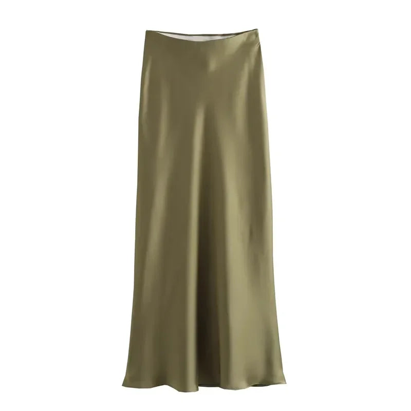 HXAO 2025 Skirts For Women Black Satin Skirt Summer Elegant Women's Midi Skirts High Waist Smooth Skirts Green Flare Skirt 088