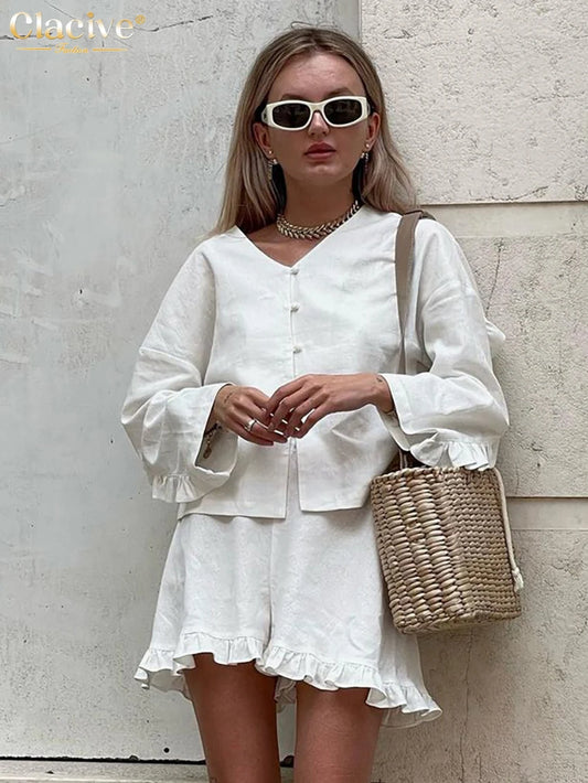Clacive Fashion Beige Linen 2 Piece Sets Women Outfit Casual Loose Long Sleeve Shirts With High Waist Ruffle Shorts Set Female