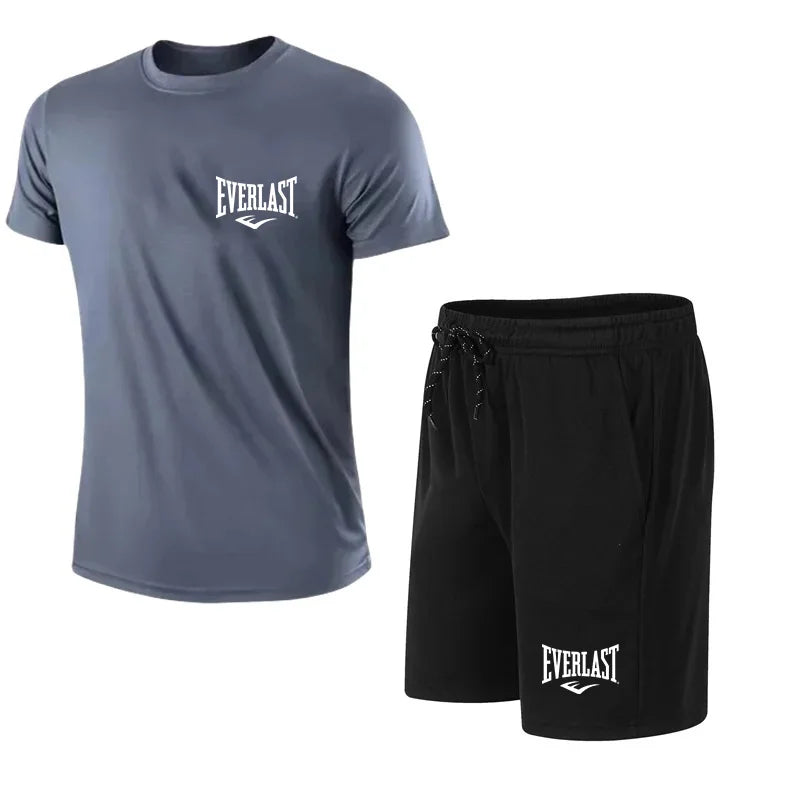 EVERLAST men's t-shirt and shorts 2 pcs. Short Sleeve Breath Rest Set Sport Jogging Gym Set Brand Clothing With Print