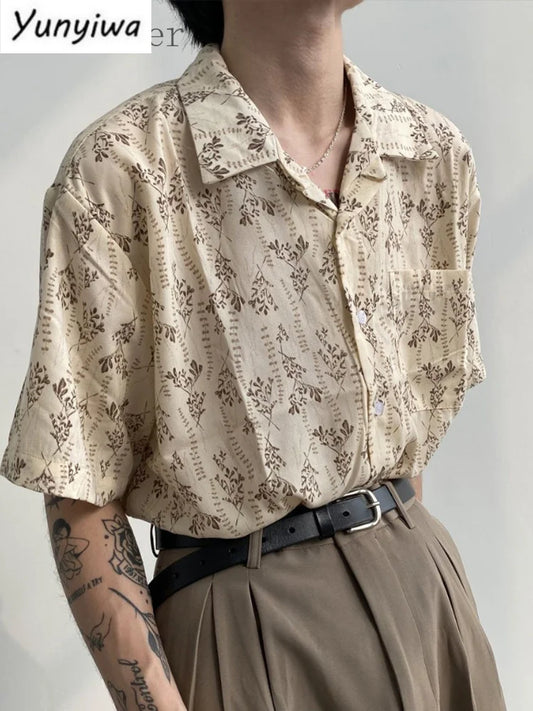 Summer Vintage Short-sleeved Shirt Men's Japan Retro Cuban Collar Floral Shirt Casual Oversize Unisex Elegant Goth Top