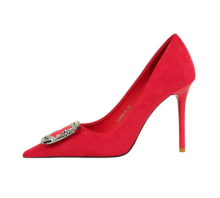 BIGTREE Shoes Metal Rhinestone Belt Buckle Women Pumps Suede High Heels Luxury Banquet Shoes Sexy Party Shoes Women Stilettos