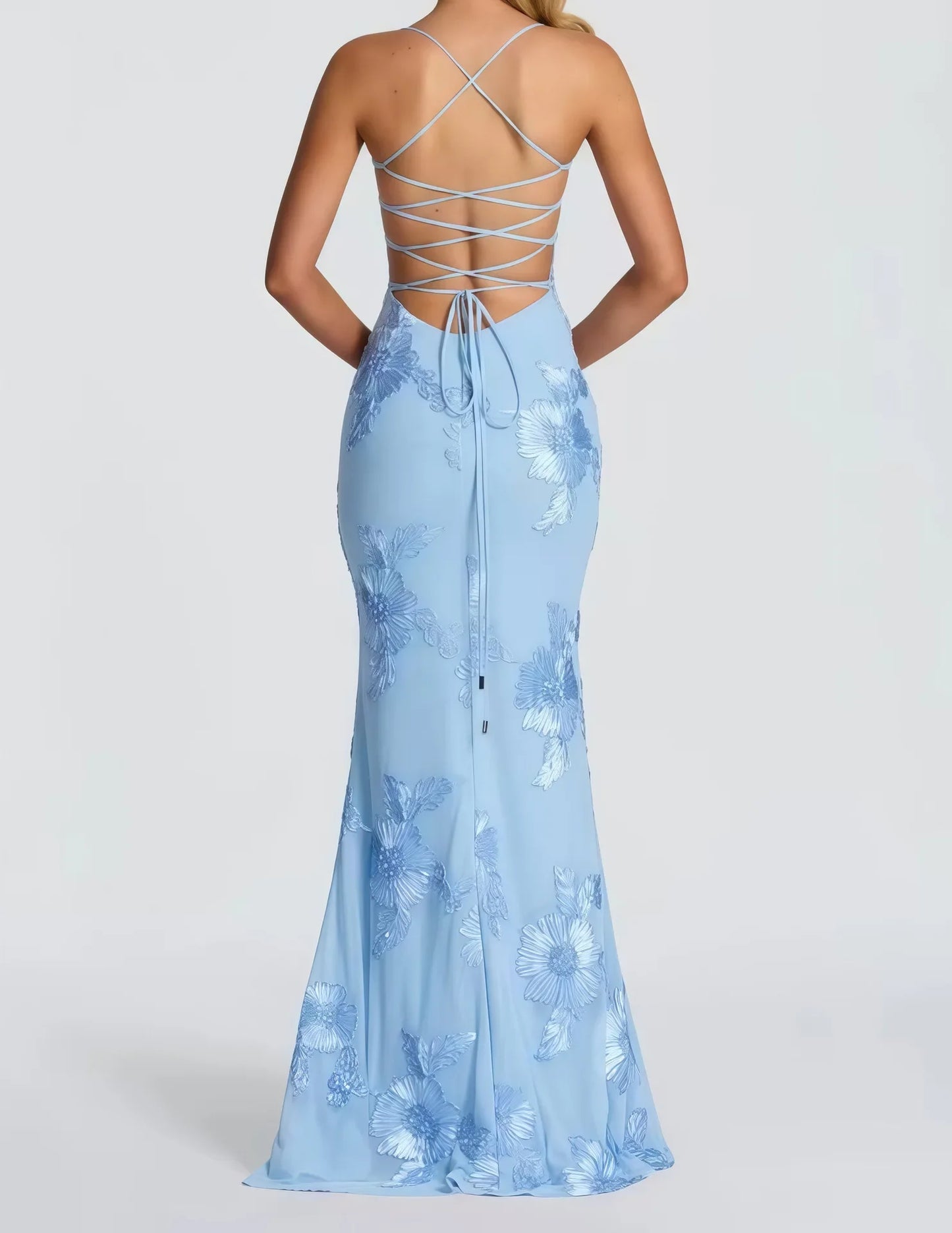Elegant Women 3d Embroidery Floral Long Dress Women Backless Cross Tied Spaghetti Strap Robe Slim Floor Length Evening Dresses