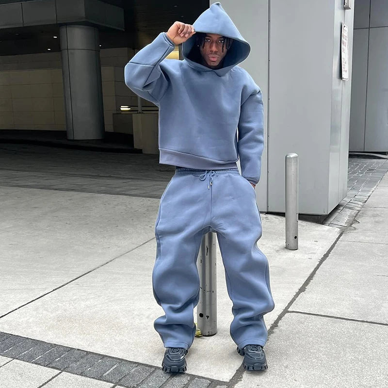 Men's Casual Solid Hooded Pullover Straight Pants 2 Piece Set Tracksuit For Fashion Loose Hoodies Sweatshirt Wide Leg Sweatpants